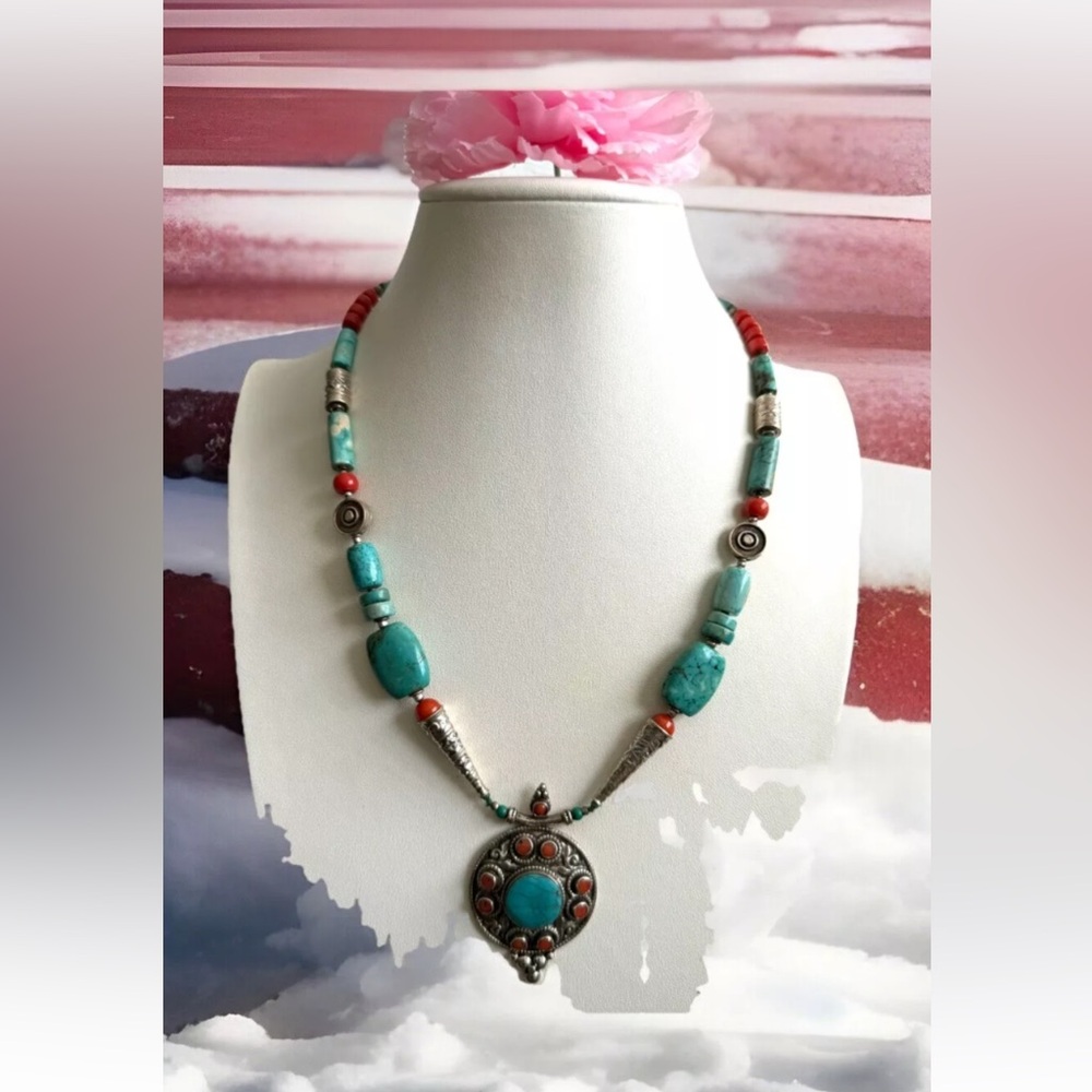 Vintage Ethnic Tibetan Handcrafted Pendant Necklace With Gemstones & Silver 42gm